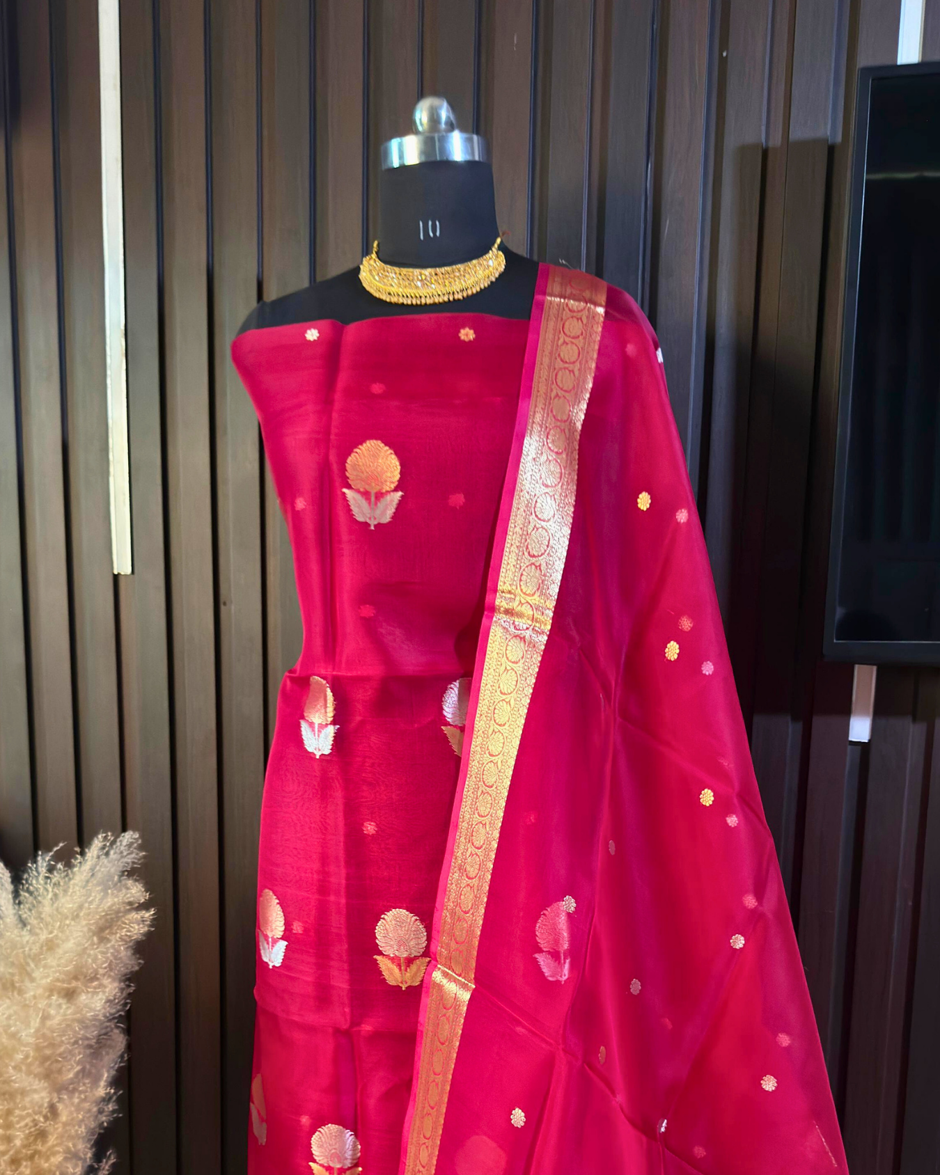 Deep Pink Pure Banarasi Kora Silk Suit Set with Dupatta