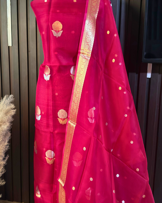 Deep Pink Pure Banarasi Kora Silk Suit Set with Dupatta