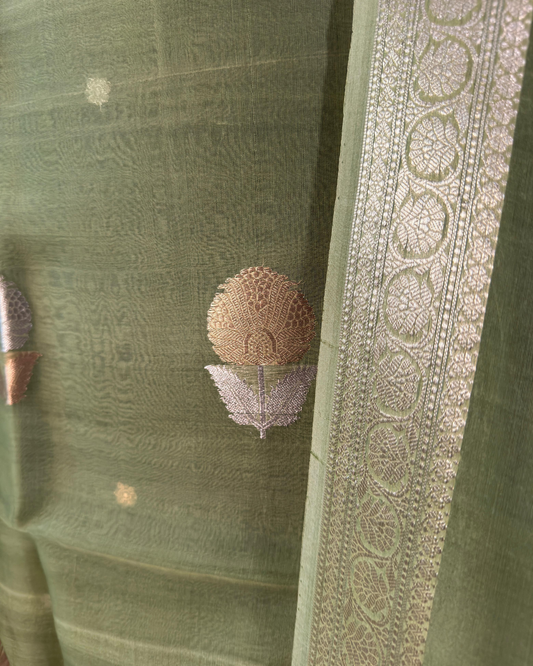 Dusty Green Pure Banarasi Kora Silk Suit Set with Dupatta