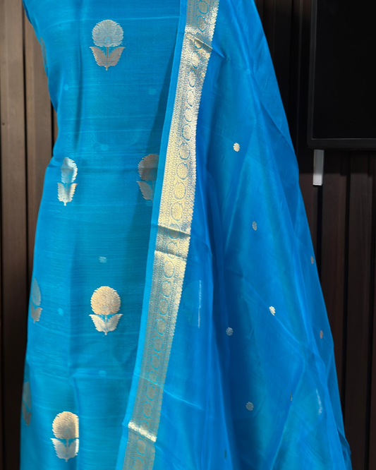 Blue Pure Banarasi Kora Silk Suit Set with Dupatta