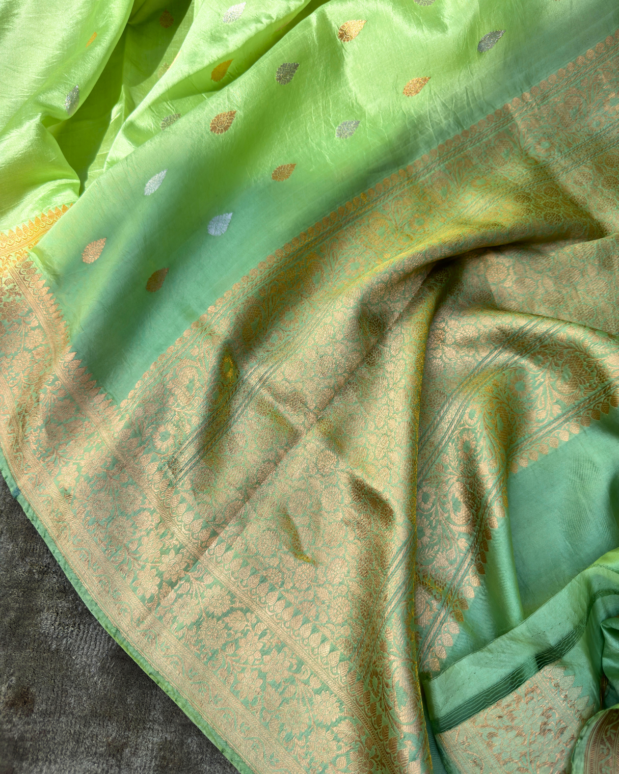 Light Green Pure Banarasi Mulberry Mango Soft Silk Saree