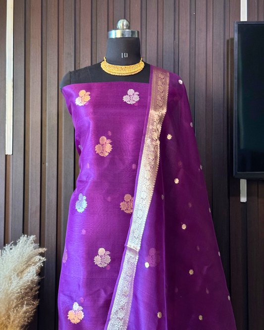 Purple Pure Banarasi Kora Silk Suit Set with Dupatta