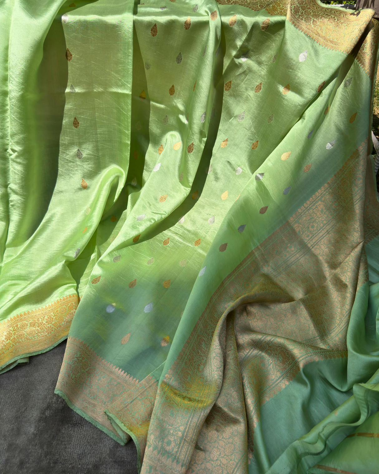 Light Green Pure Banarasi Mulberry Mango Soft Silk Saree
