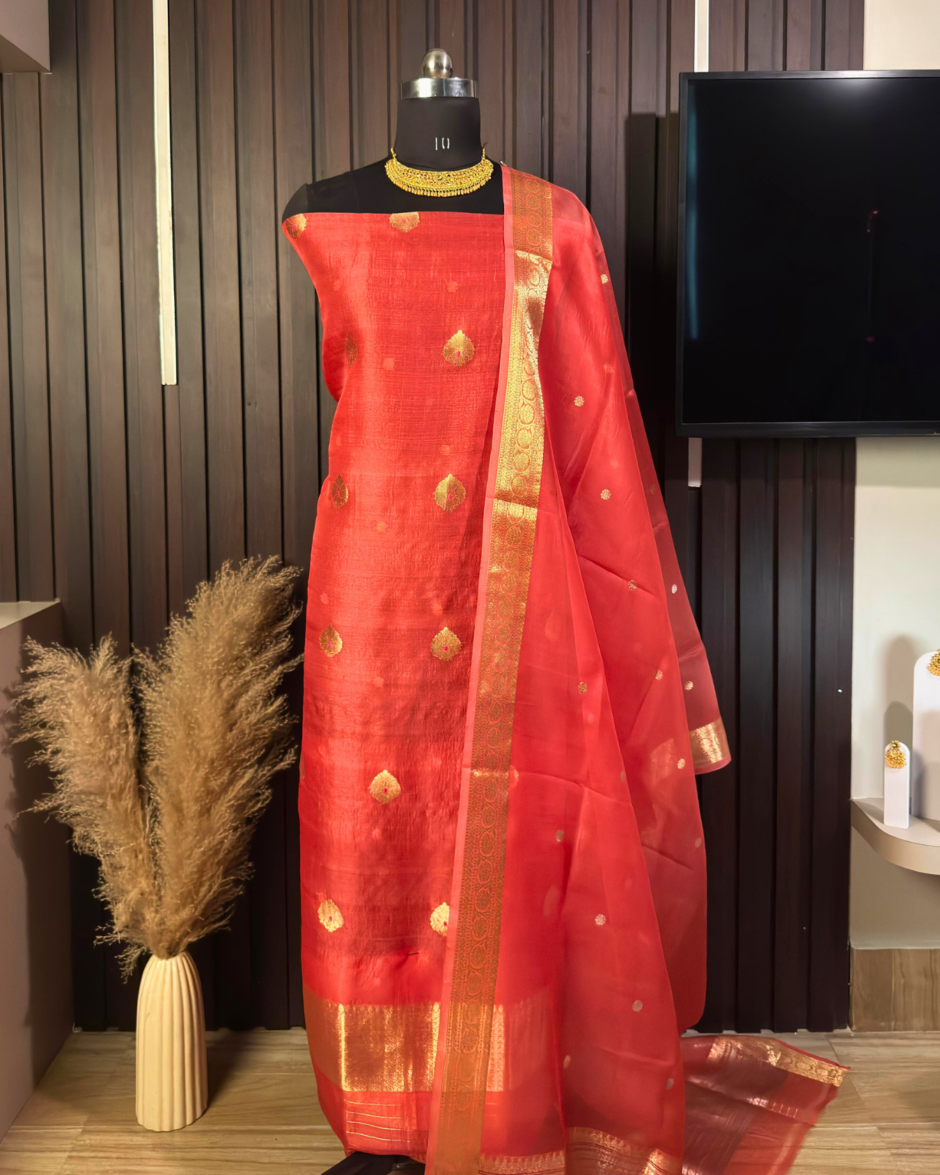 Dusty Peach Pure Banarasi Kora Silk Suit Set with Dupatta