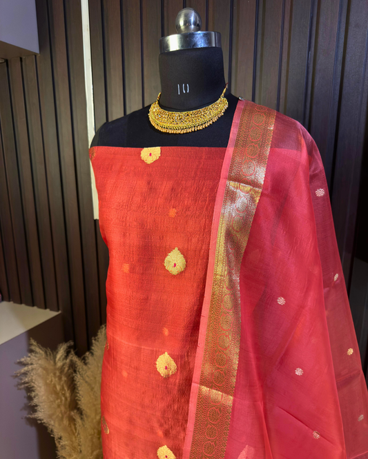 Dusty Peach Pure Banarasi Kora Silk Suit Set with Dupatta