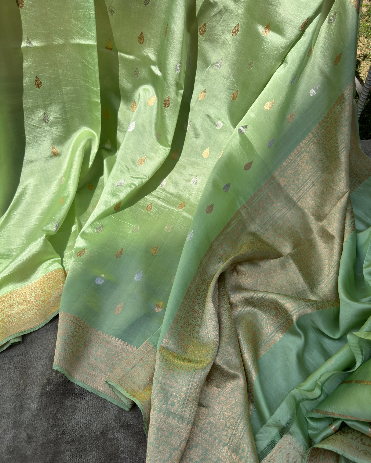Light Green Pure Banarasi Mulberry Mango Soft Silk Saree