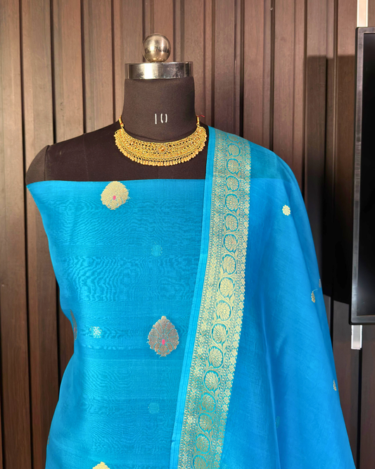 Dusty Blue Pure Banarasi Kora Silk Suit Set with Dupatta