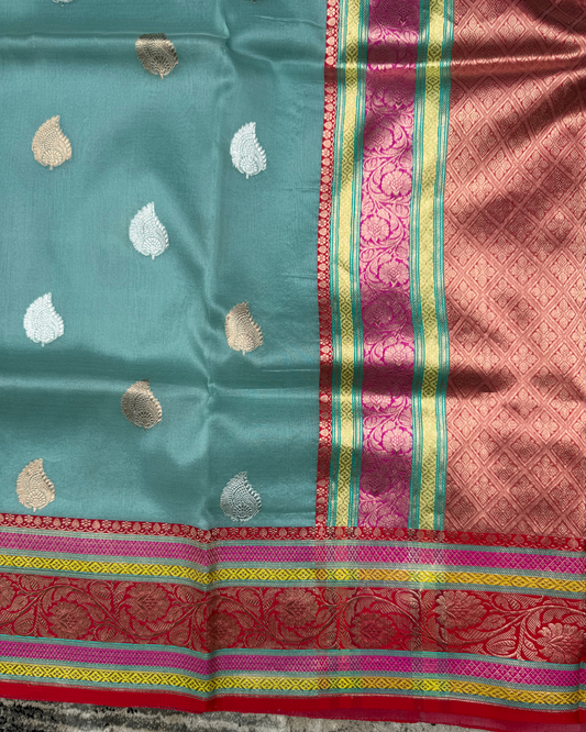Sea Green Banarasi Handloom Double Kora Katan Handloom Saree