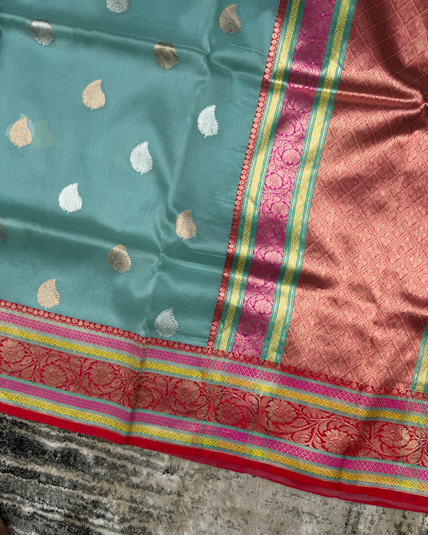 Sea Green Banarasi Handloom Double Kora Katan Handloom Saree