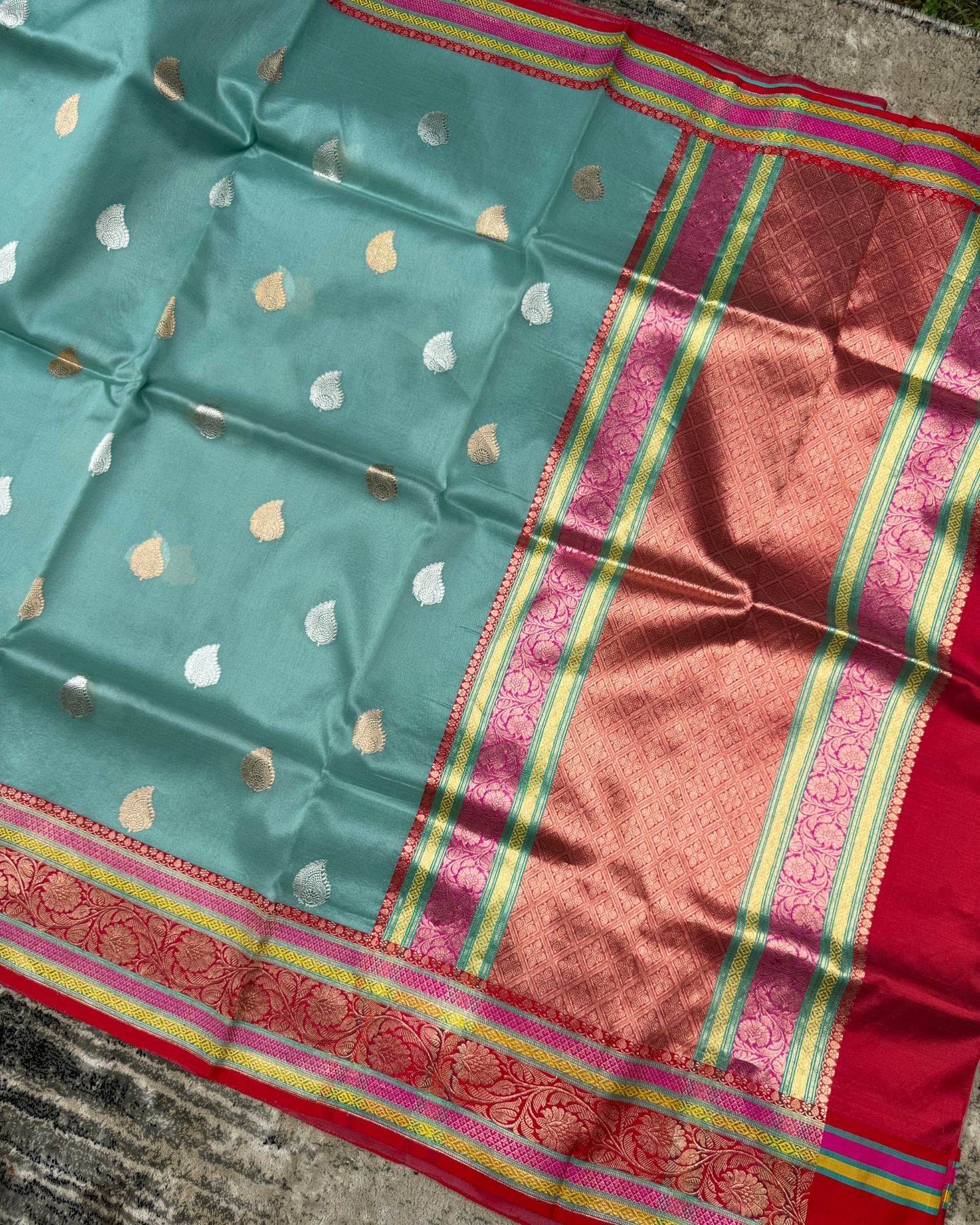 Sea Green Banarasi Handloom Double Kora Katan Handloom Saree