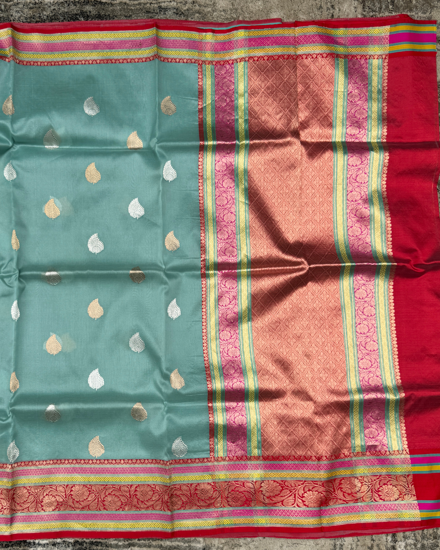 Sea Green Banarasi Handloom Double Kora Katan Handloom Saree