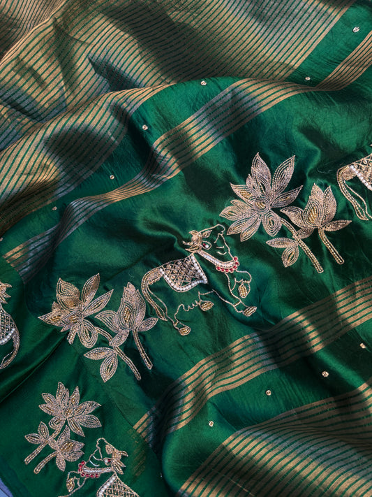 Emerald Gauri – Pure Silk Handcrafted Zardozi Saree