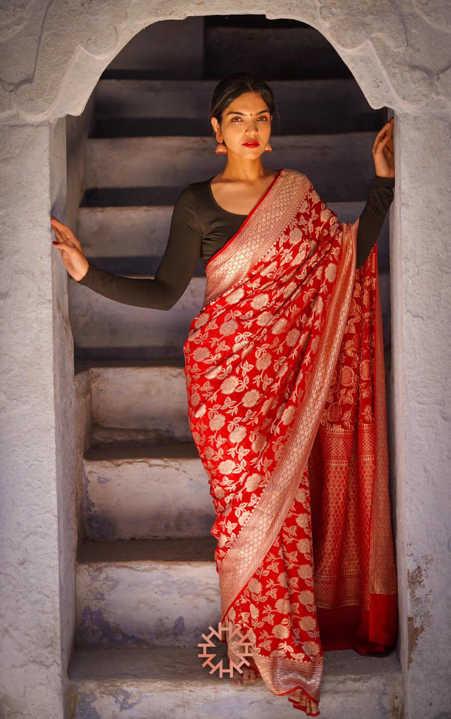 Ruby Red Banarasi Khaddi Georgette Handloom Saree