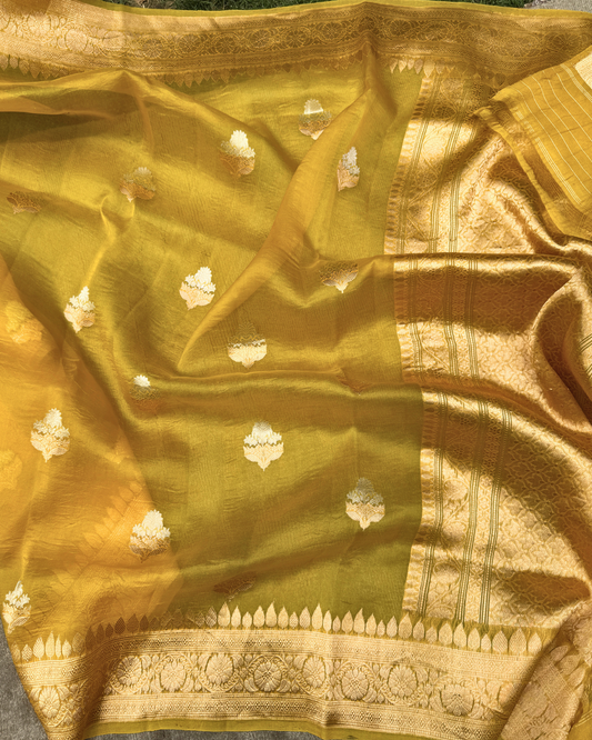 Yellow Gold Pure Banarasi Kora Silk Saree