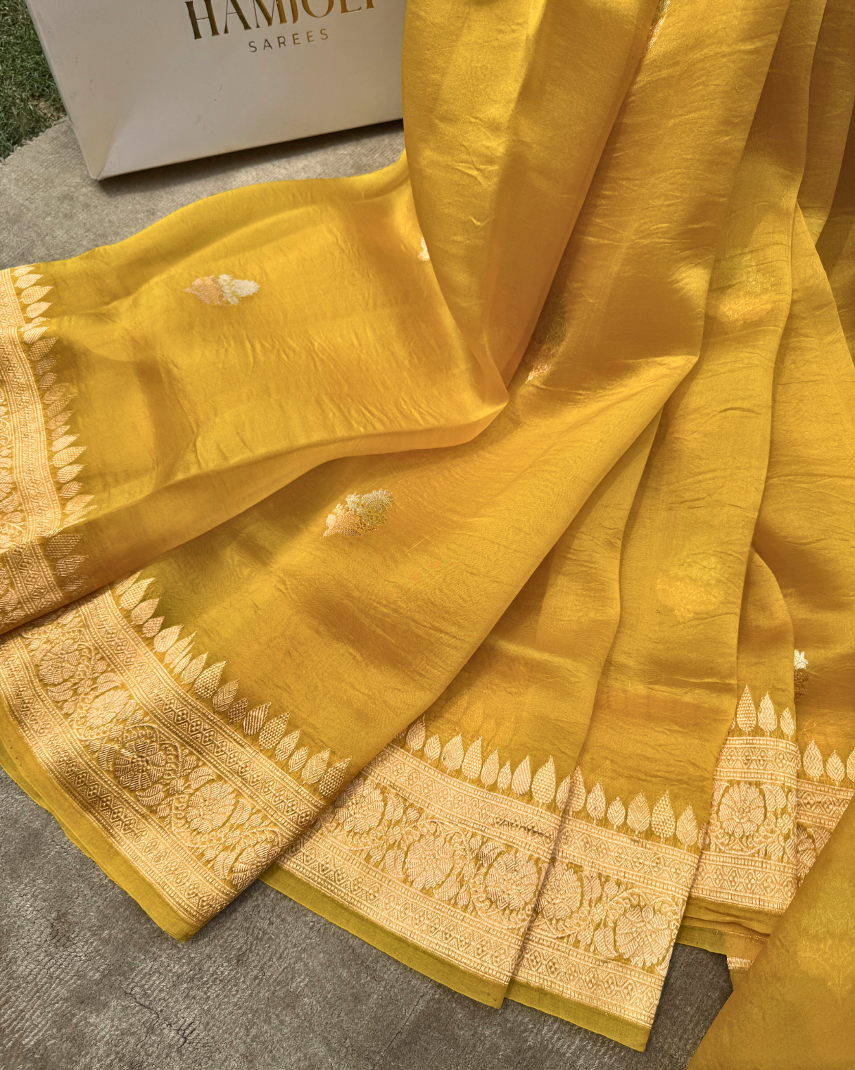Yellow Gold Pure Banarasi Kora Silk Saree