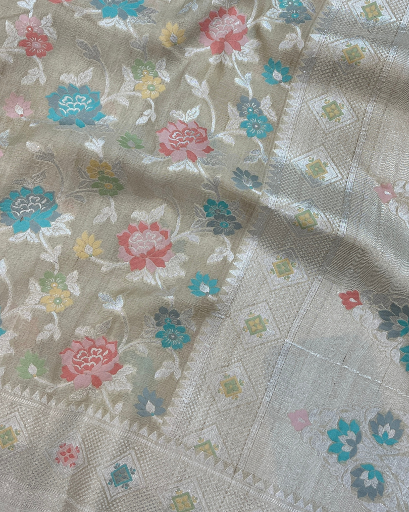 Tusser Georgette Ash White Banarasi Saree