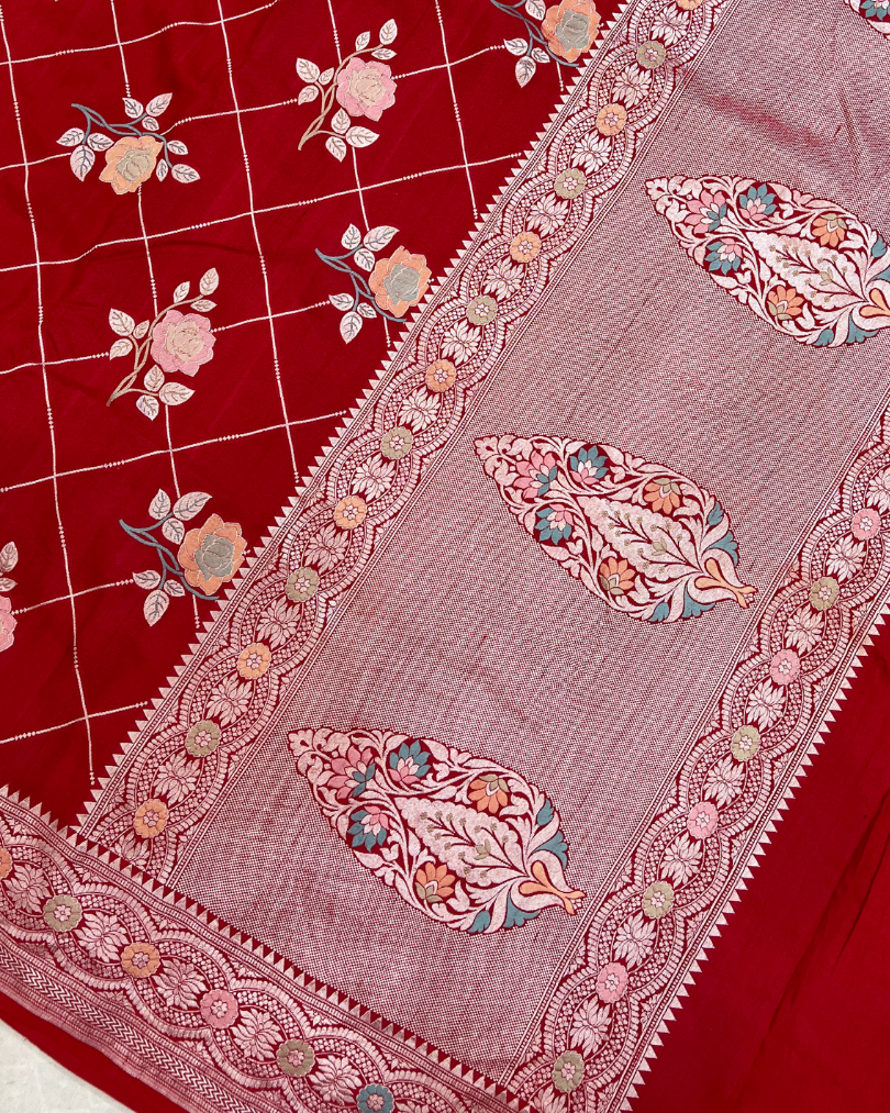 Tissue Tusser Red Georgette Banarasi Saree