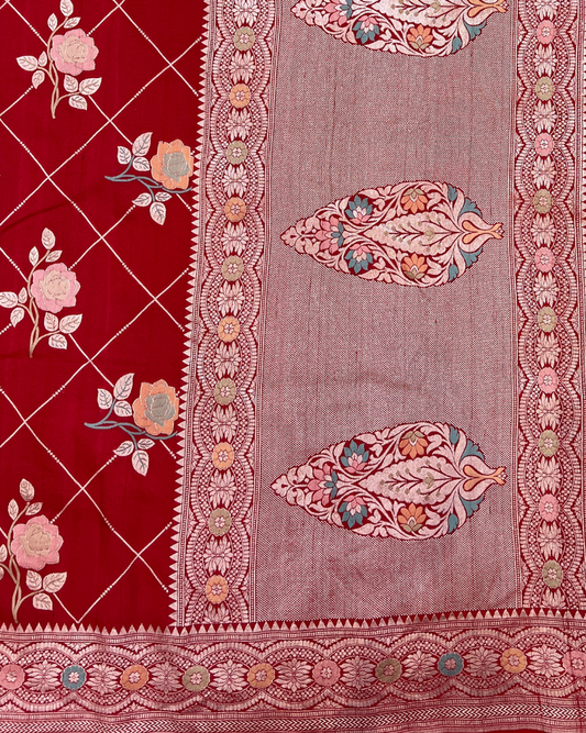 Tissue Tusser Red Georgette Banarasi Saree