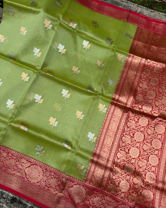 Green Banarasi Handloom Double Kora Katan Handloom Saree