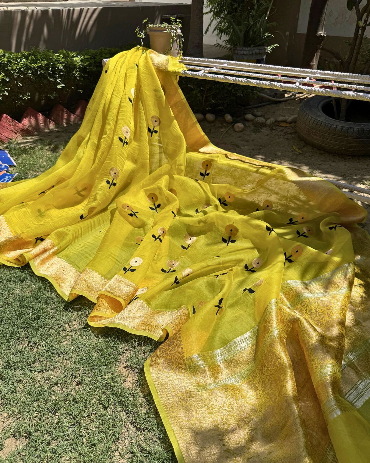 Yellow Pure Banarasi Kora Silk Saree