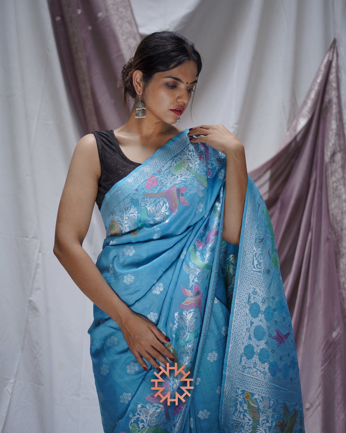 Blue Tusser Georgette Shikargah Banarasi Saree