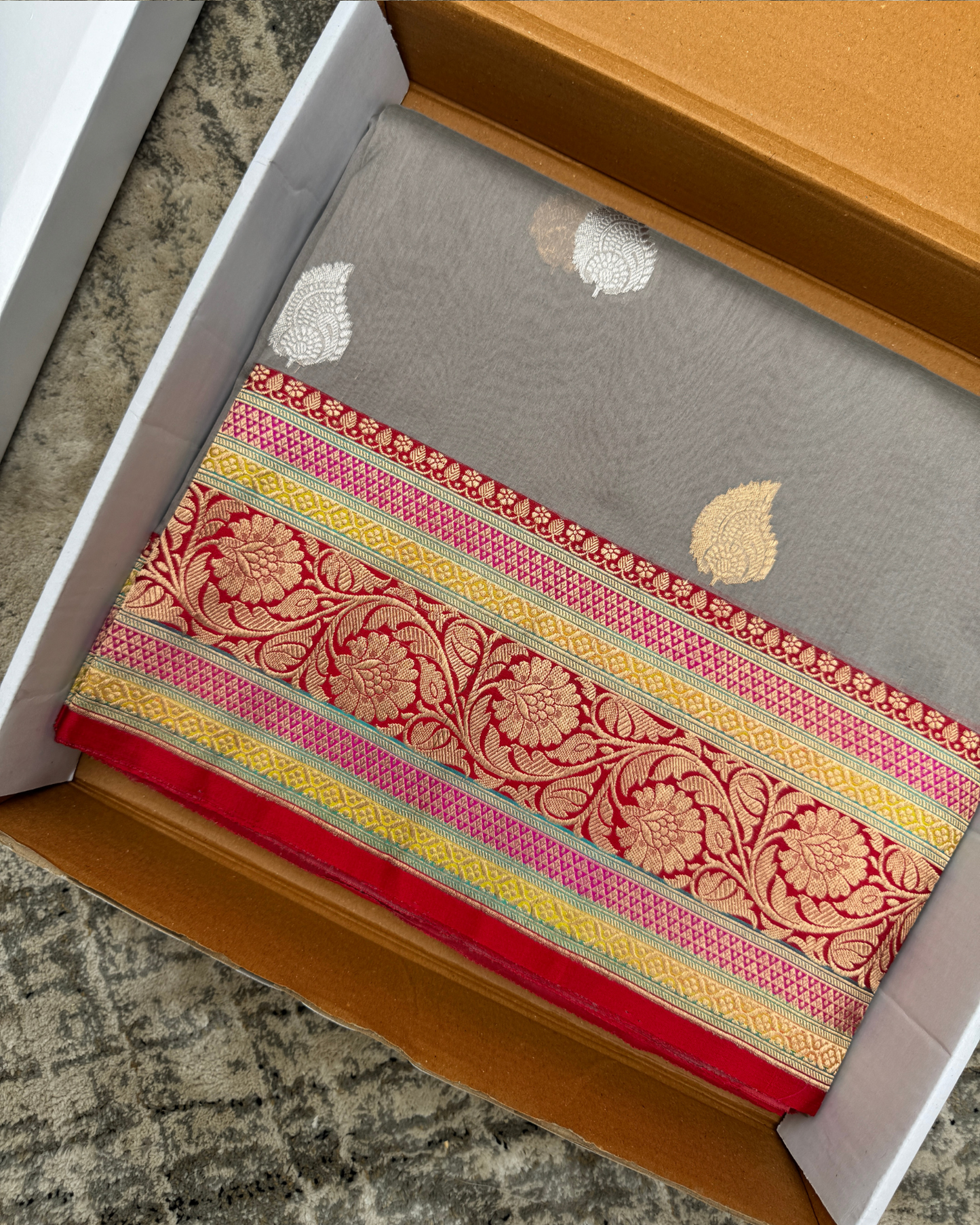 Grey Banarasi Handloom Double Kora Katan Handloom Saree