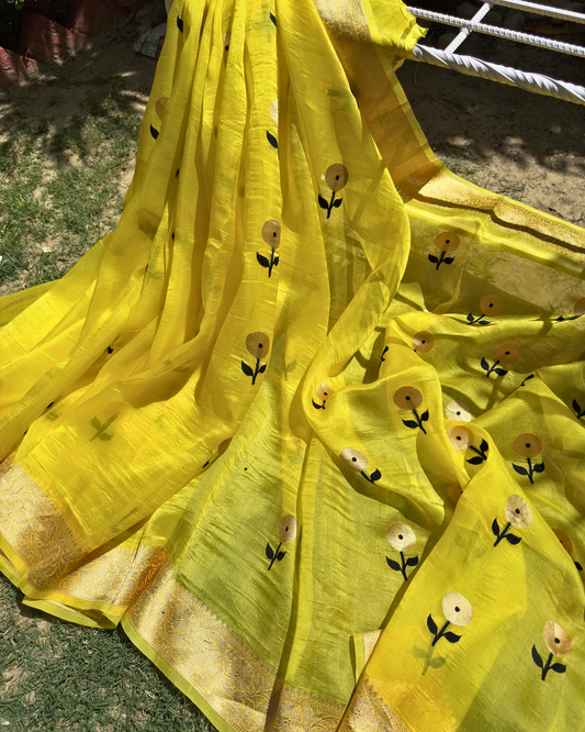 Yellow Pure Banarasi Kora Silk Saree