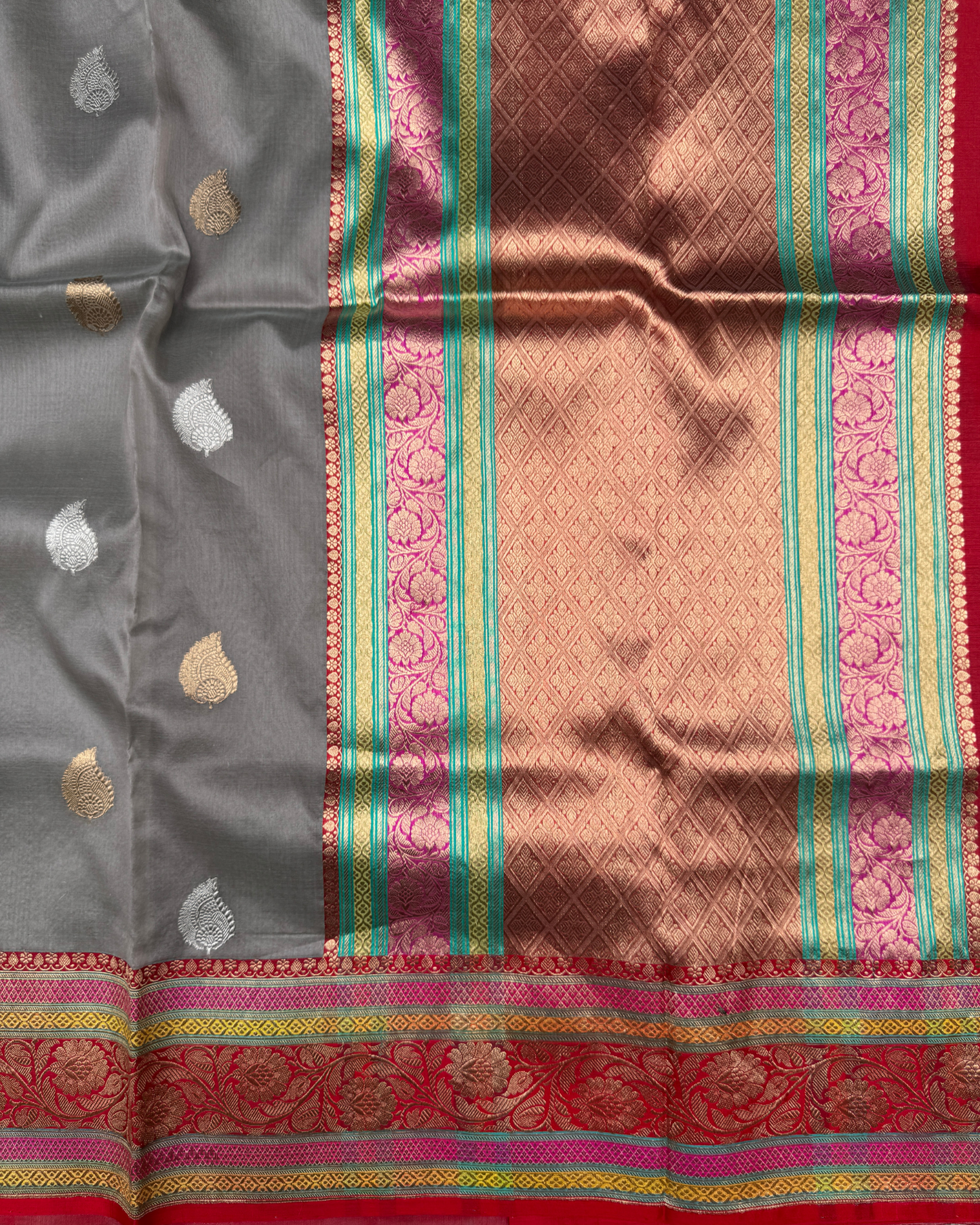 Grey Banarasi Handloom Double Kora Katan Handloom Saree