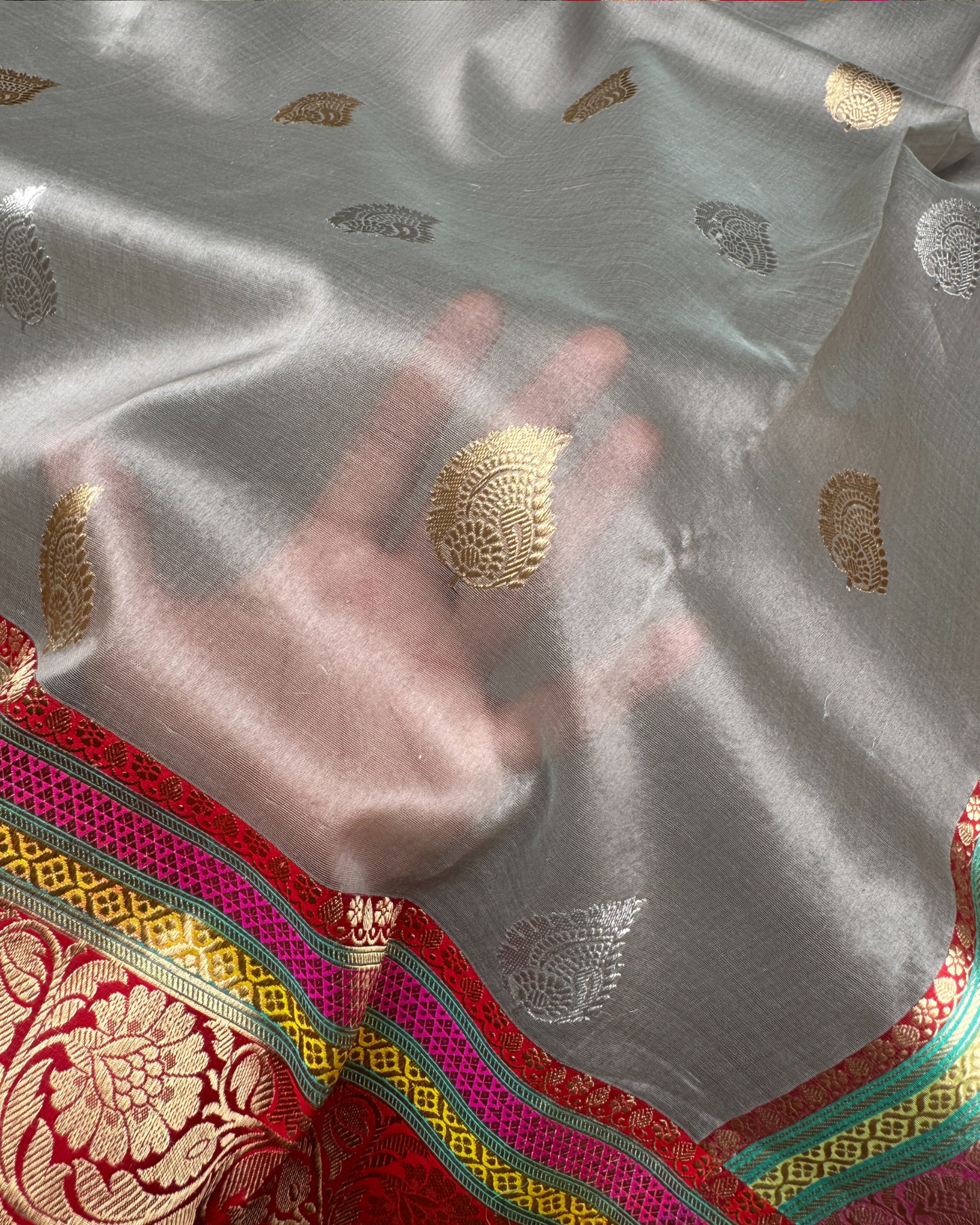 Grey Banarasi Handloom Double Kora Katan Handloom Saree