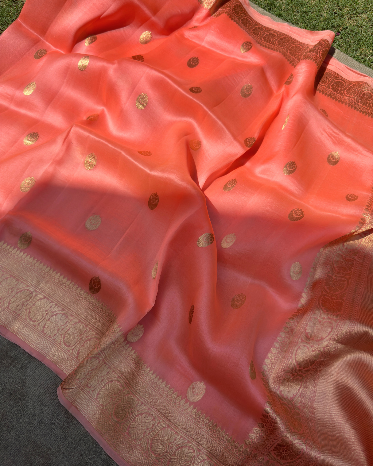 Peachy-Pink Chand Tara Pure Banarasi Kora Silk Saree