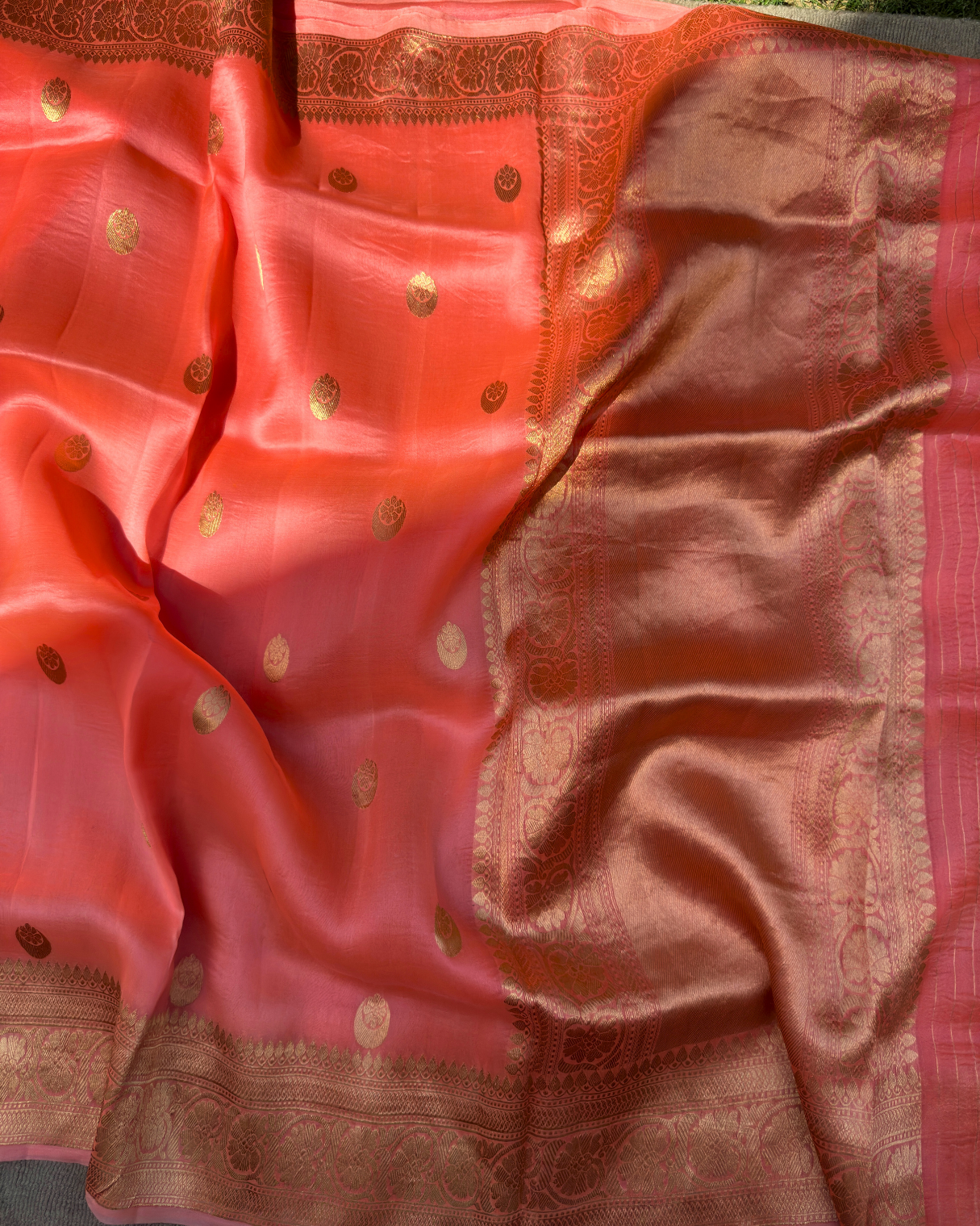 Peachy-Pink Chand Tara Pure Banarasi Kora Silk Saree