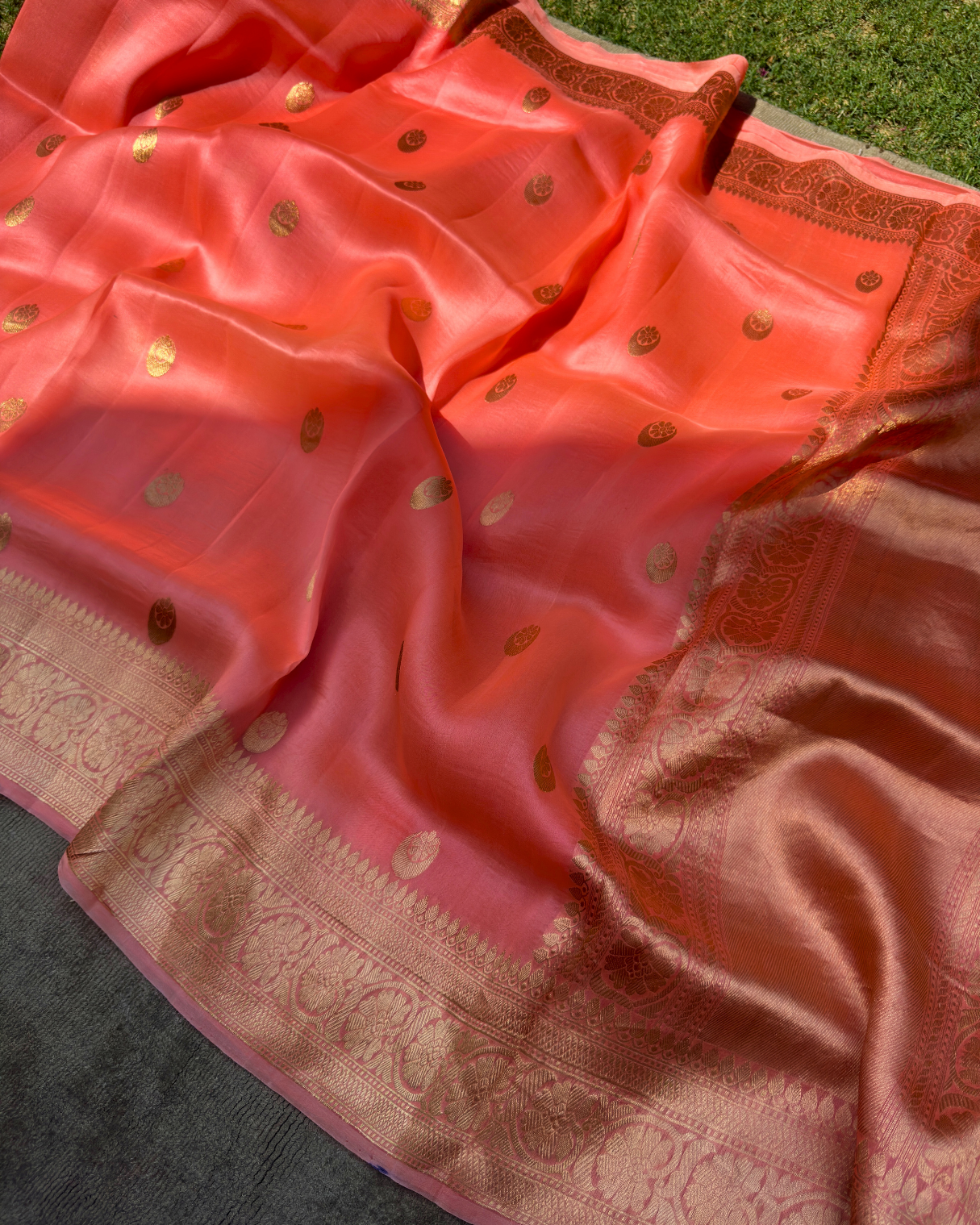 Peachy-Pink Chand Tara Pure Banarasi Kora Silk Saree
