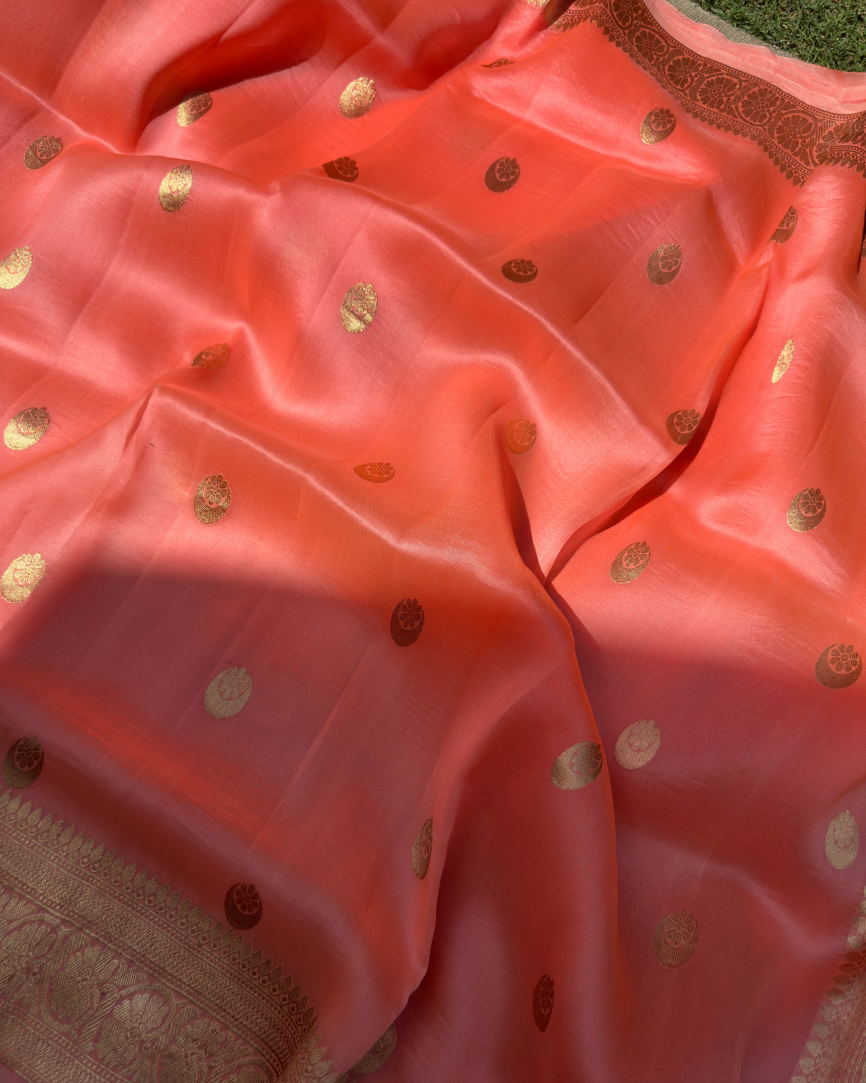 Peachy-Pink Chand Tara Pure Banarasi Kora Silk Saree