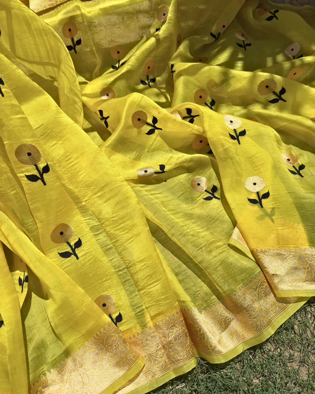 Yellow Pure Banarasi Kora Silk Saree