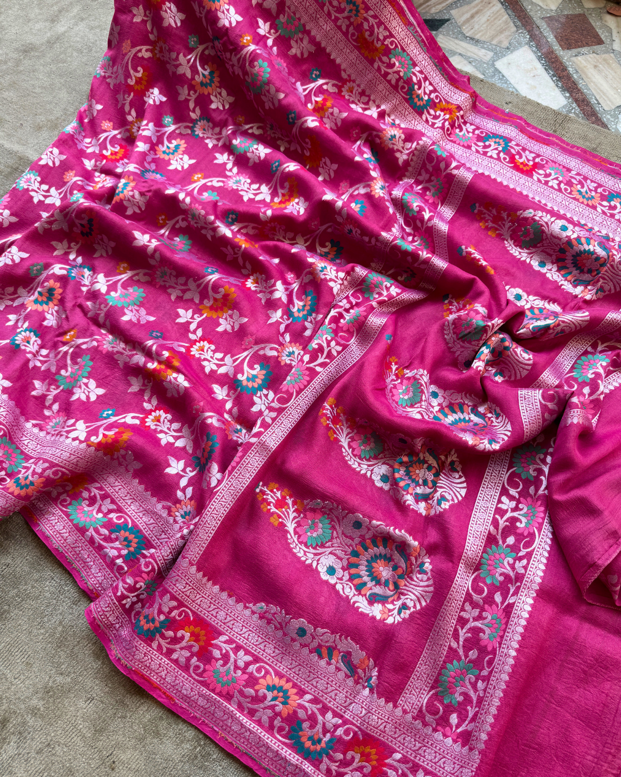 Deep Pink Tusser Georgette Banarasi Saree