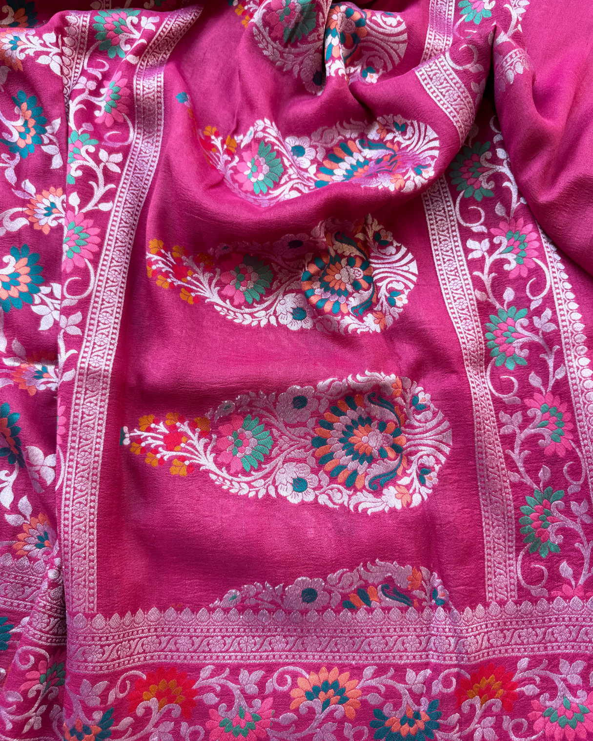 Deep Pink Tusser Georgette Banarasi Saree