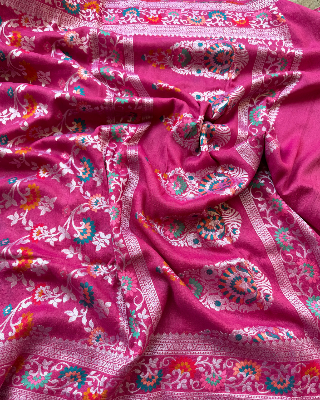 Deep Pink Tusser Georgette Banarasi Saree