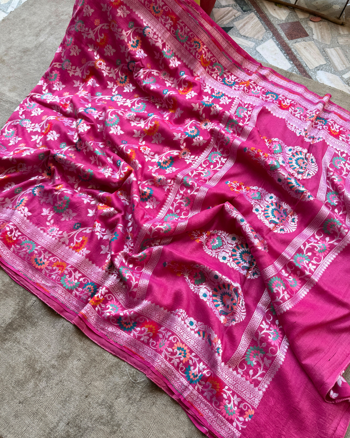 Deep Pink Tusser Georgette Banarasi Saree