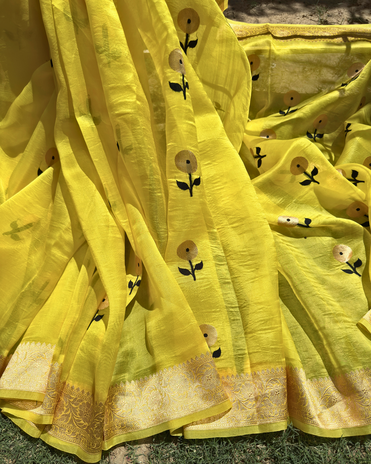 Yellow Pure Banarasi Kora Silk Saree