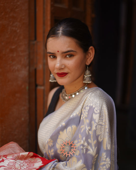 Silver & Crimson Banarasi Khaddi Georgette Handloom Saree