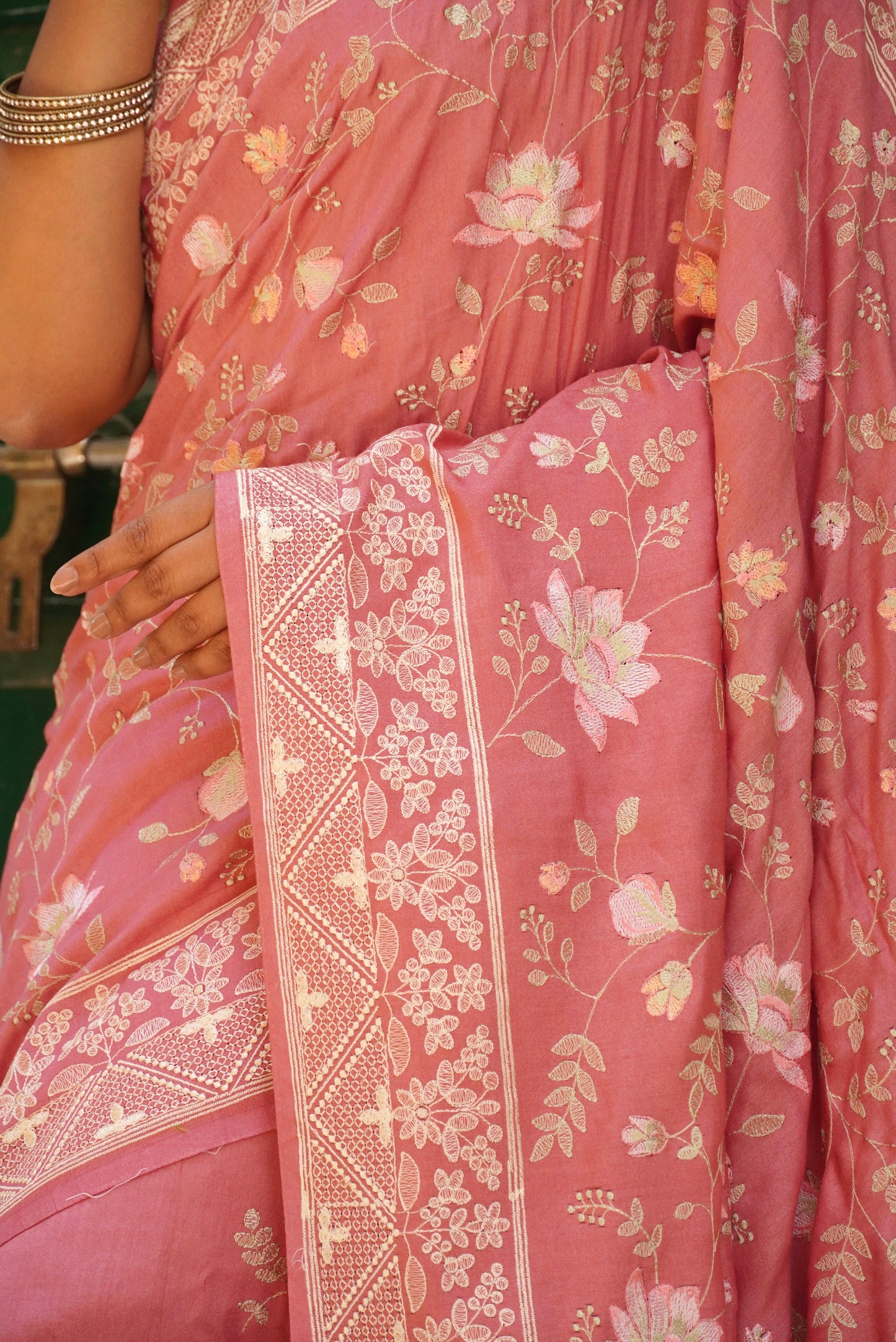 Peach Pure Chinya  Banarasi Silk Saree