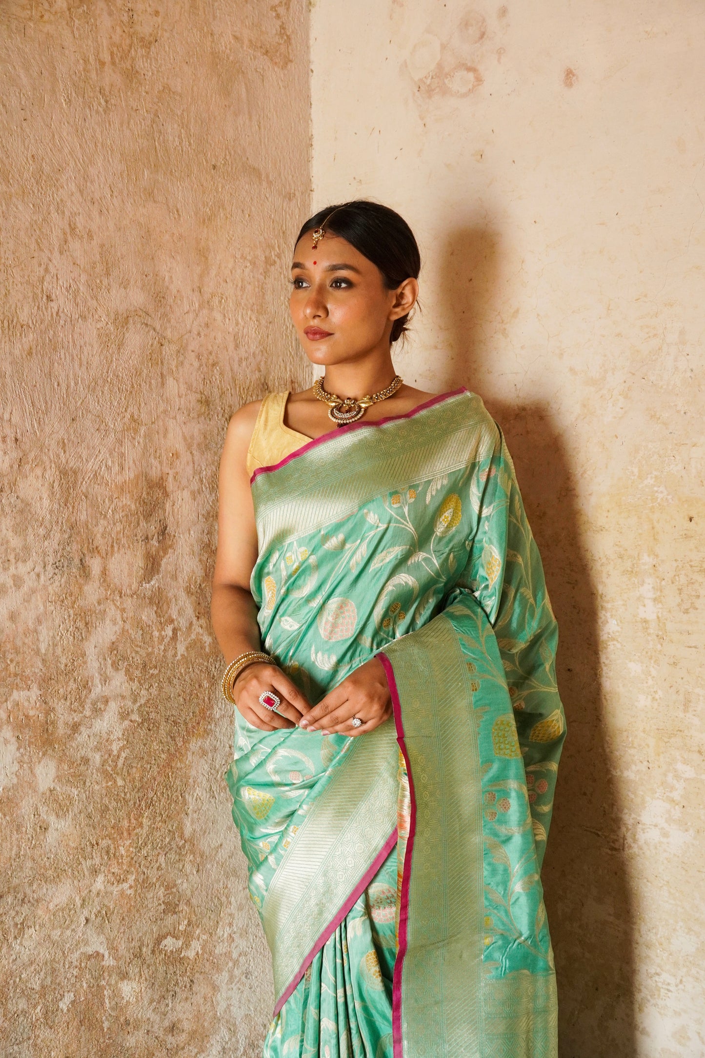 'Aayat' Light Green Katan Floral Tilfi Banarasi Jaal Saree