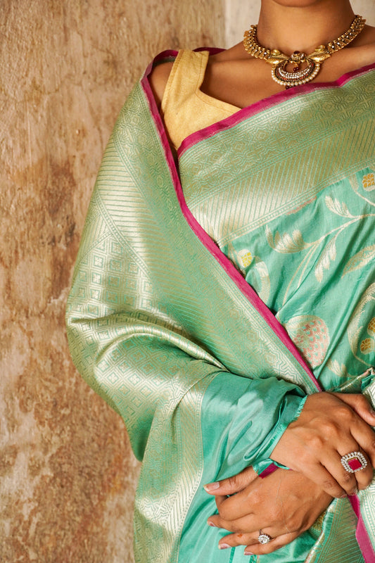 'Aayat' Light Green Katan Floral Tilfi Banarasi Jaal Saree