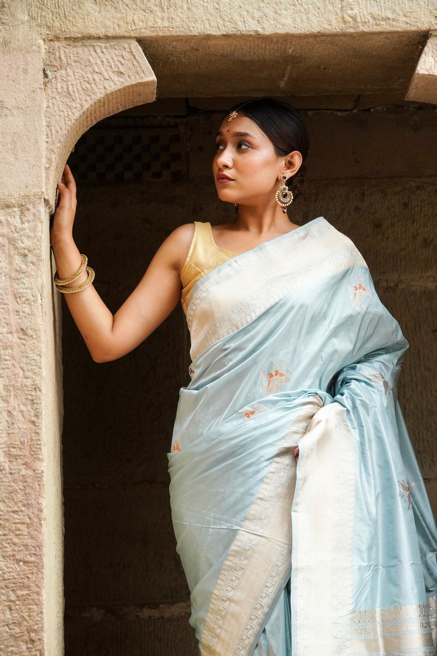 'Aayat' Pale Blue Floral Shikargah Boota Katan Saree