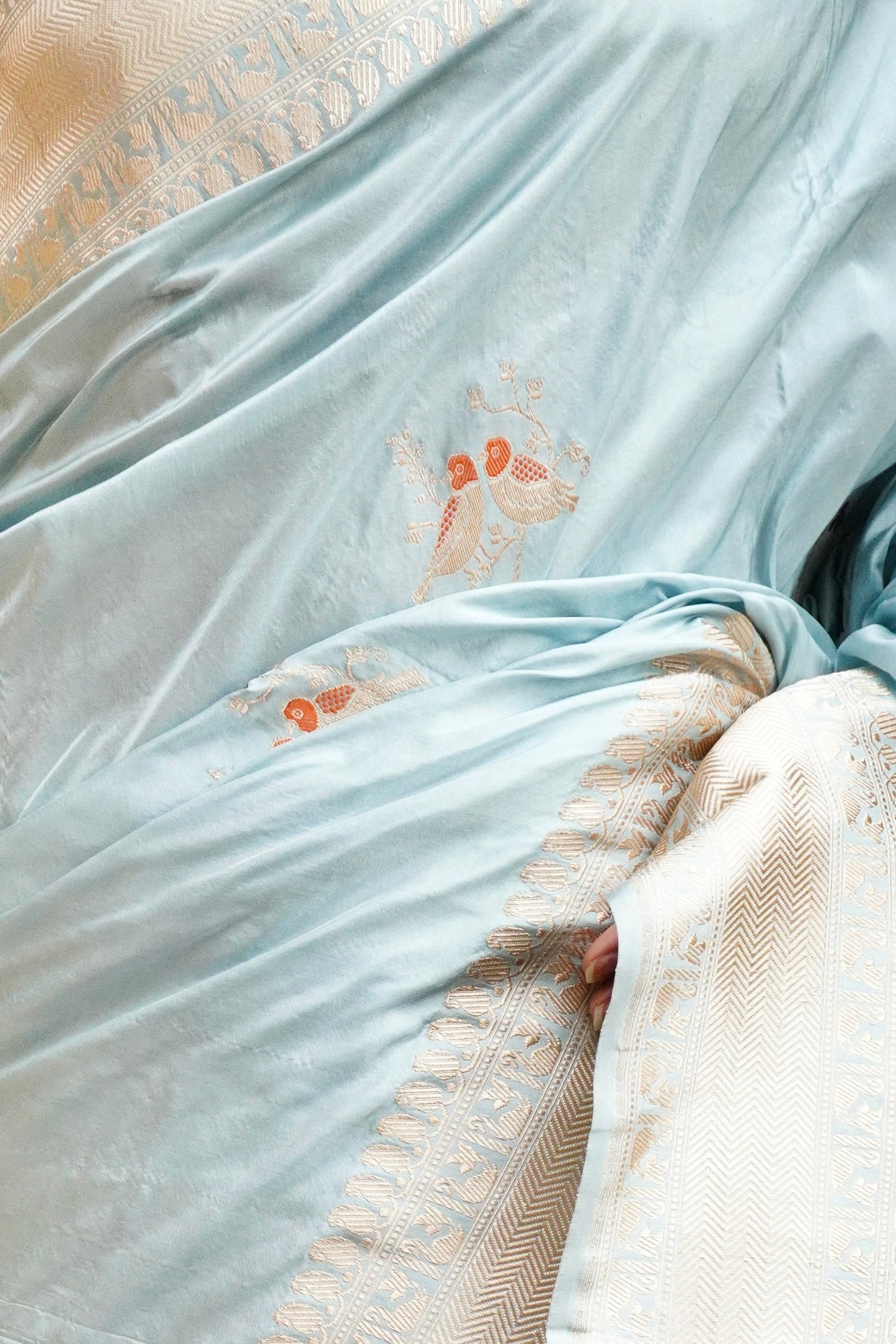 'Aayat' Pale Blue Floral Shikargah Boota Katan Saree