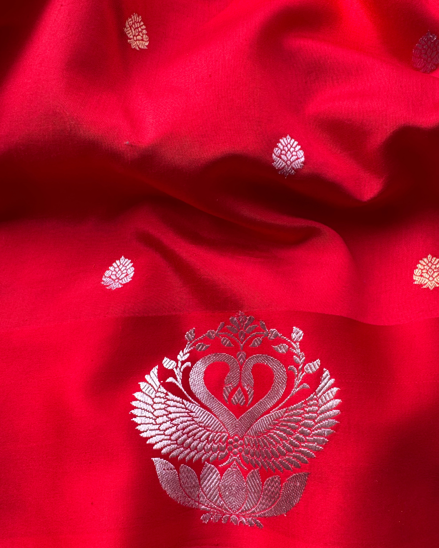 Red Pure Banarasi Mulberry Mango Soft Silk Saree