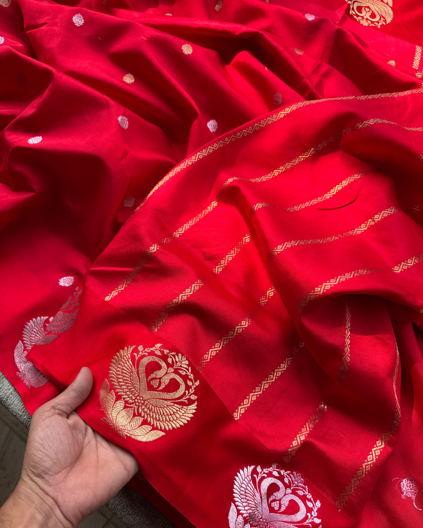 Red Pure Banarasi Mulberry Mango Soft Silk Saree