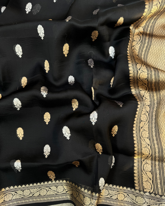 Black Pure Banarasi Kora Silk Saree