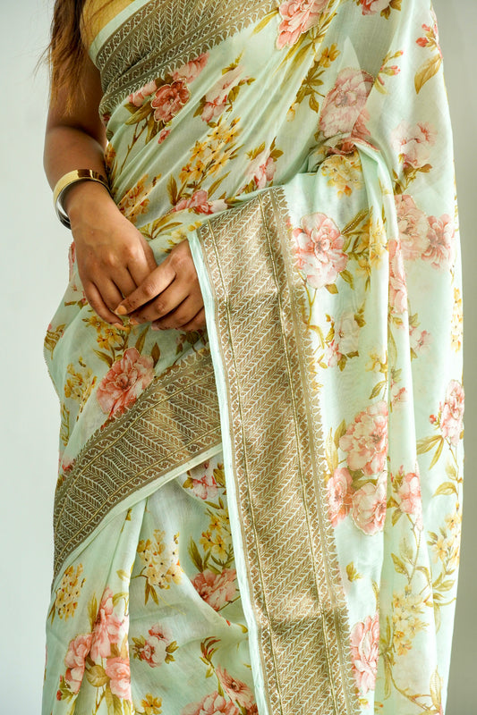 'Fusion' Green Banarasi Chanderi Saree