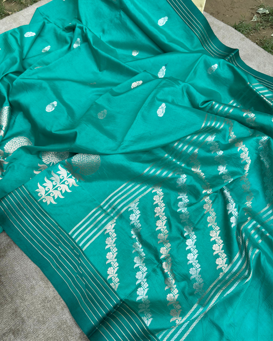 Sea Green Pure Banarasi Mulberry Mango Soft Silk Saree